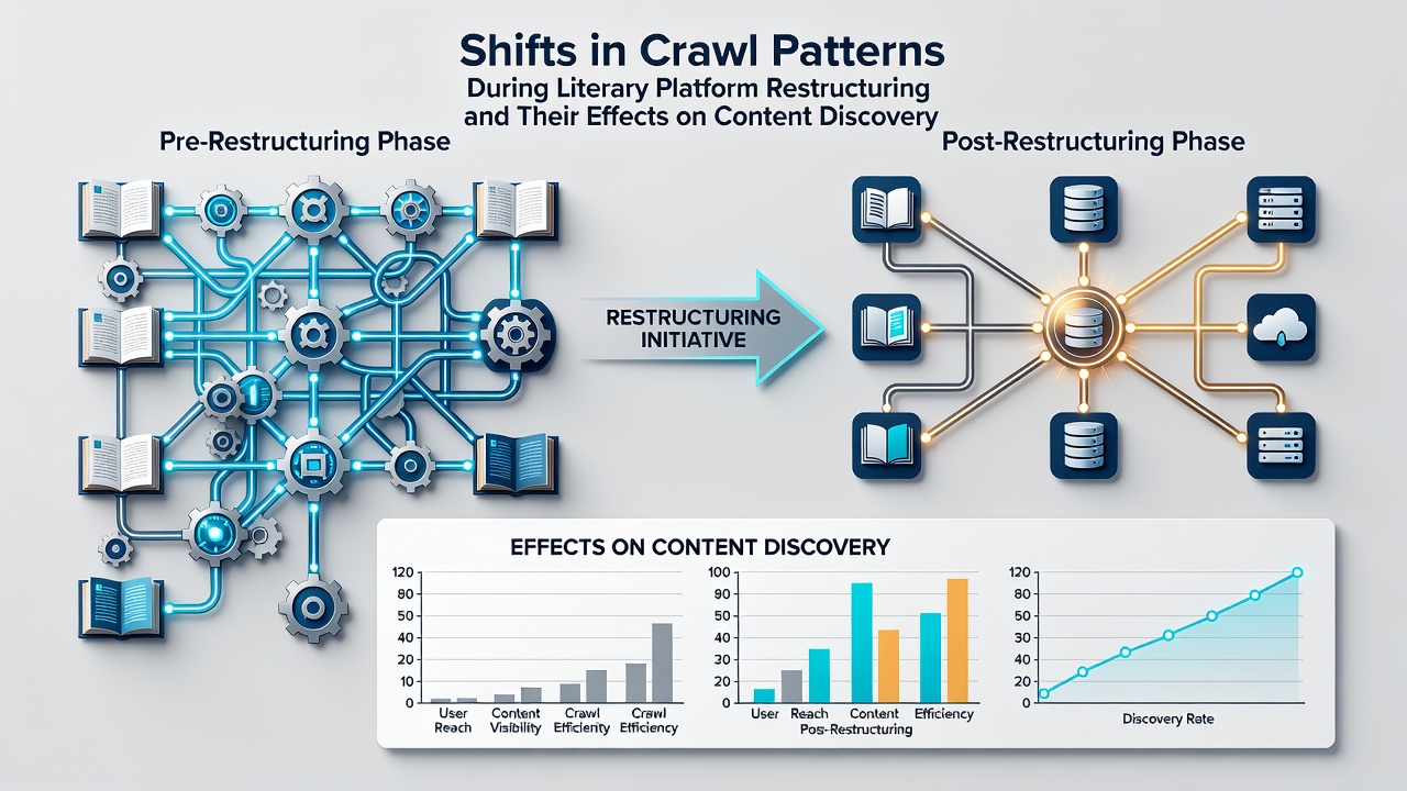 Graph depicting before-and-after crawl frequency metrics on literary platforms post-restructuring with discovery rate overlays